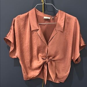 Aritzia Elegant Cropped Blouse in Brown with Flattering Fit front tie